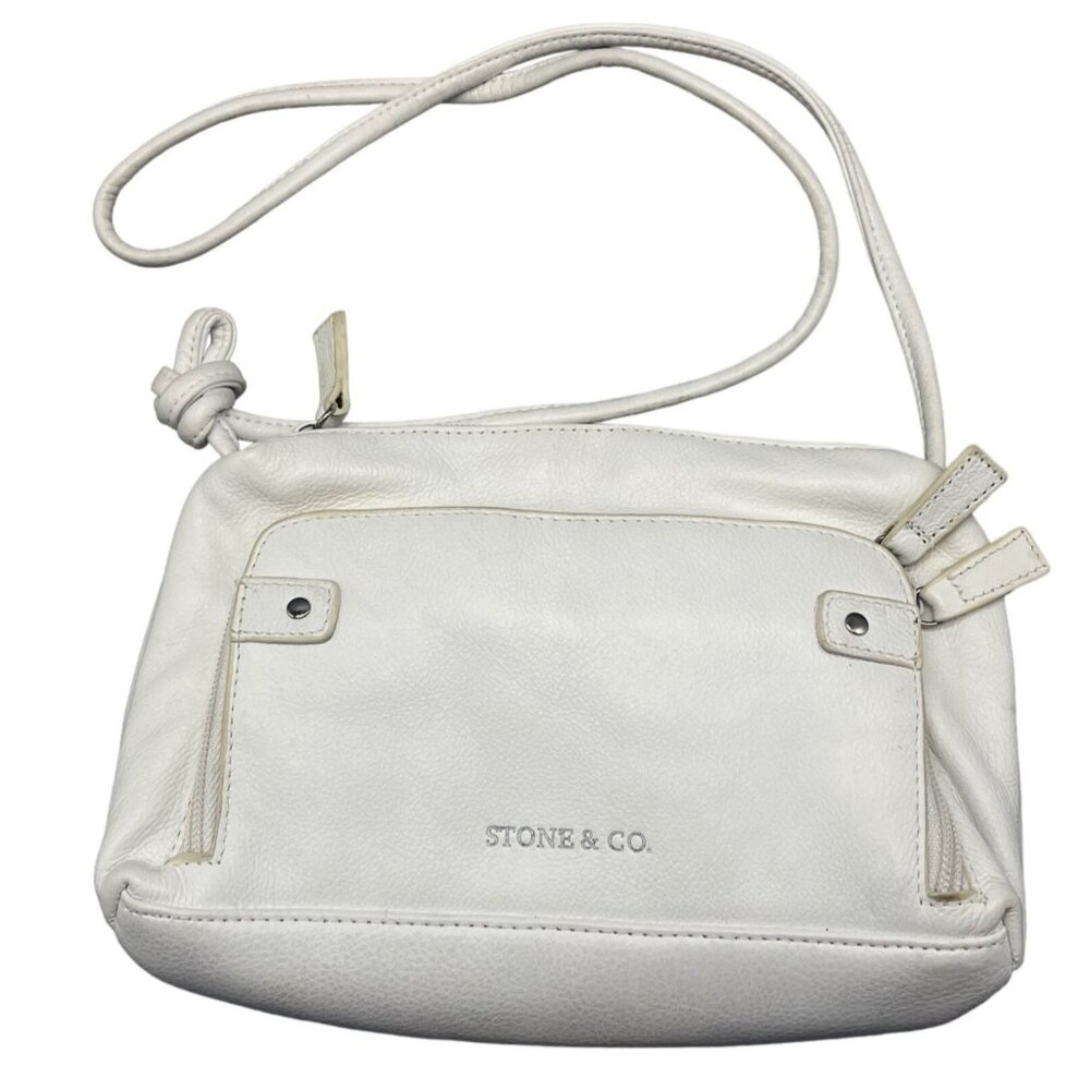 Stone & Co. Woman's purse white leather look silver hardware narrow strap 2 READ